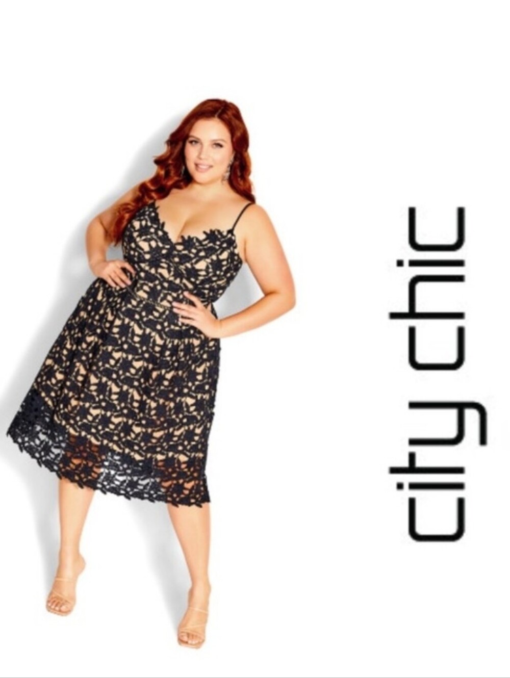 City Chic Black Lace Slip Dress with Nude Underlay So Fancy L 20